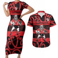 Canterbury Custom Rugby New Zealand Couples Matching Short Sleeve Bodycon Dress and Hawaiian Shirt Aotearoa Maori Pukana Tiki Mascot