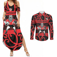 Canterbury Custom Rugby New Zealand Couples Matching Summer Maxi Dress and Long Sleeve Button Shirt Aotearoa Maori Pukana Tiki Mascot