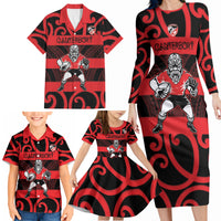 Canterbury Custom Rugby New Zealand Family Matching Long Sleeve Bodycon Dress and Hawaiian Shirt Aotearoa Maori Pukana Tiki Mascot