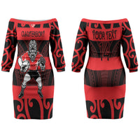 Canterbury Custom Rugby New Zealand Family Matching Off The Shoulder Long Sleeve Dress and Hawaiian Shirt Aotearoa Maori Pukana Tiki Mascot