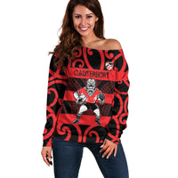 Canterbury Custom Rugby New Zealand Off Shoulder Sweater Aotearoa Maori Pukana Tiki Mascot