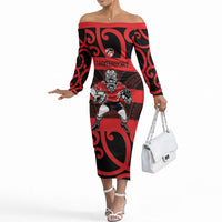 Canterbury Custom Rugby New Zealand Off The Shoulder Long Sleeve Dress Aotearoa Maori Pukana Tiki Mascot