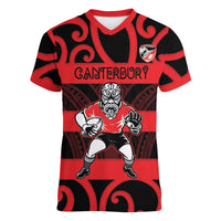 Canterbury Custom Rugby New Zealand Women V-Neck T-Shirt Aotearoa Maori Pukana Tiki Mascot
