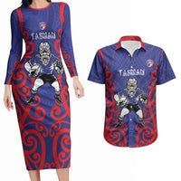 Tasman Custom Rugby New Zealand Couples Matching Long Sleeve Bodycon Dress and Hawaiian Shirt Aotearoa Maori Pukana Tiki Mascot