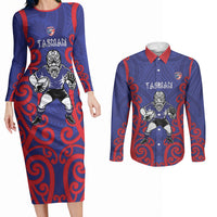 Tasman Custom Rugby New Zealand Couples Matching Long Sleeve Bodycon Dress and Long Sleeve Button Shirt Aotearoa Maori Pukana Tiki Mascot
