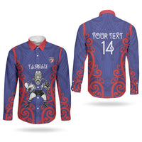 Tasman Custom Rugby New Zealand Couples Matching Long Sleeve Bodycon Dress and Long Sleeve Button Shirt Aotearoa Maori Pukana Tiki Mascot