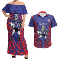 Tasman Custom Rugby New Zealand Couples Matching Off Shoulder Maxi Dress and Hawaiian Shirt Aotearoa Maori Pukana Tiki Mascot