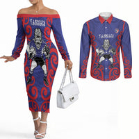 Tasman Custom Rugby New Zealand Couples Matching Off The Shoulder Long Sleeve Dress and Long Sleeve Button Shirt Aotearoa Maori Pukana Tiki Mascot