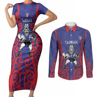Tasman Custom Rugby New Zealand Couples Matching Short Sleeve Bodycon Dress and Long Sleeve Button Shirt Aotearoa Maori Pukana Tiki Mascot