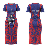 Tasman Custom Rugby New Zealand Couples Matching Short Sleeve Bodycon Dress and Long Sleeve Button Shirt Aotearoa Maori Pukana Tiki Mascot