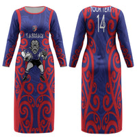 Tasman Custom Rugby New Zealand Family Matching Long Sleeve Bodycon Dress and Hawaiian Shirt Aotearoa Maori Pukana Tiki Mascot
