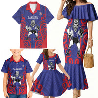 Tasman Custom Rugby New Zealand Family Matching Mermaid Dress and Hawaiian Shirt Aotearoa Maori Pukana Tiki Mascot