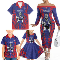 Tasman Custom Rugby New Zealand Family Matching Off The Shoulder Long Sleeve Dress and Hawaiian Shirt Aotearoa Maori Pukana Tiki Mascot