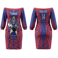 Tasman Custom Rugby New Zealand Family Matching Off The Shoulder Long Sleeve Dress and Hawaiian Shirt Aotearoa Maori Pukana Tiki Mascot