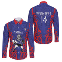 Tasman Custom Rugby New Zealand Family Matching Off The Shoulder Long Sleeve Dress and Hawaiian Shirt Aotearoa Maori Pukana Tiki Mascot