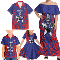 Tasman Custom Rugby New Zealand Family Matching Off Shoulder Maxi Dress and Hawaiian Shirt Aotearoa Maori Pukana Tiki Mascot