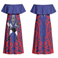 Tasman Custom Rugby New Zealand Family Matching Off Shoulder Maxi Dress and Hawaiian Shirt Aotearoa Maori Pukana Tiki Mascot