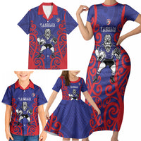 Tasman Custom Rugby New Zealand Family Matching Short Sleeve Bodycon Dress and Hawaiian Shirt Aotearoa Maori Pukana Tiki Mascot
