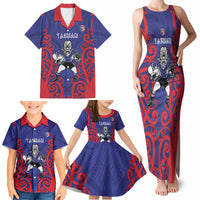 Tasman Custom Rugby New Zealand Family Matching Tank Maxi Dress and Hawaiian Shirt Aotearoa Maori Pukana Tiki Mascot