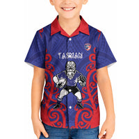 Tasman Custom Rugby New Zealand Kid Hawaiian Shirt Aotearoa Maori Pukana Tiki Mascot