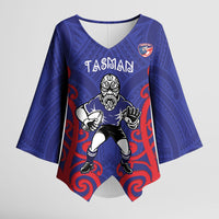 Tasman Custom Rugby New Zealand Kimono Sleeve Blouse Aotearoa Maori Pukana Tiki Mascot