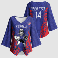 Tasman Custom Rugby New Zealand Kimono Sleeve Blouse Aotearoa Maori Pukana Tiki Mascot