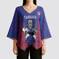 Tasman Custom Rugby New Zealand Kimono Sleeve Blouse Aotearoa Maori Pukana Tiki Mascot