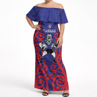 Tasman Custom Rugby New Zealand Off Shoulder Maxi Dress Aotearoa Maori Pukana Tiki Mascot