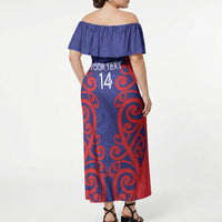 Tasman Custom Rugby New Zealand Off Shoulder Maxi Dress Aotearoa Maori Pukana Tiki Mascot