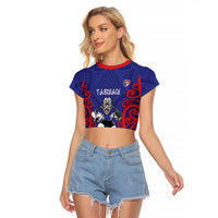 Tasman Custom Rugby New Zealand Raglan Cropped T Shirt Aotearoa Maori Pukana Tiki Mascot