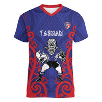 Tasman Custom Rugby New Zealand Women V-Neck T-Shirt Aotearoa Maori Pukana Tiki Mascot