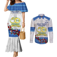 Fiji Holy Cross College Couples Matching Mermaid Dress and Long Sleeve Button Shirts Happy 50th Anniversary Fijian Tagimoucia Tapa Pattern LT14 White - Polynesian Pride