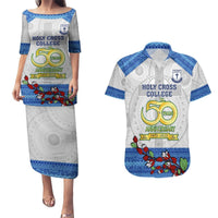 Fiji Holy Cross College Couples Matching Puletasi Dress and Hawaiian Shirt Happy 50th Anniversary Fijian Tagimoucia Tapa Pattern LT14 White - Polynesian Pride
