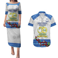 Fiji Holy Cross College Couples Matching Puletasi Dress and Hawaiian Shirt Happy 50th Anniversary Fijian Tagimoucia Tapa Pattern LT14 White - Polynesian Pride