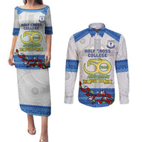 Fiji Holy Cross College Couples Matching Puletasi Dress and Long Sleeve Button Shirts Happy 50th Anniversary Fijian Tagimoucia Tapa Pattern LT14 White - Polynesian Pride