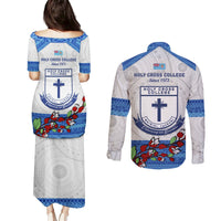 Fiji Holy Cross College Couples Matching Puletasi Dress and Long Sleeve Button Shirts Happy 50th Anniversary Fijian Tagimoucia Tapa Pattern LT14 - Polynesian Pride