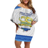 Fiji Holy Cross College Off Shoulder Short Dress Happy 50th Anniversary Fijian Tagimoucia Tapa Pattern LT14 Women White - Polynesian Pride