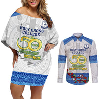 Personalised Fiji Holy Cross College Couples Matching Off Shoulder Short Dress and Long Sleeve Button Shirts Happy 50th Anniversary Fijian Tagimoucia Tapa Pattern LT14 White - Polynesian Pride