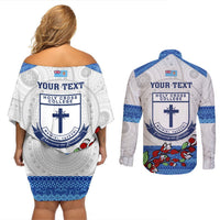 Personalised Fiji Holy Cross College Couples Matching Off Shoulder Short Dress and Long Sleeve Button Shirts Happy 50th Anniversary Fijian Tagimoucia Tapa Pattern LT14 - Polynesian Pride