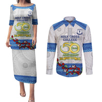 Personalised Fiji Holy Cross College Couples Matching Puletasi Dress and Long Sleeve Button Shirts Happy 50th Anniversary Fijian Tagimoucia Tapa Pattern LT14 White - Polynesian Pride