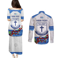Personalised Fiji Holy Cross College Couples Matching Puletasi Dress and Long Sleeve Button Shirts Happy 50th Anniversary Fijian Tagimoucia Tapa Pattern LT14 - Polynesian Pride