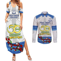 Personalised Fiji Holy Cross College Couples Matching Summer Maxi Dress and Long Sleeve Button Shirts Happy 50th Anniversary Fijian Tagimoucia Tapa Pattern LT14 White - Polynesian Pride
