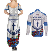 Personalised Fiji Holy Cross College Couples Matching Summer Maxi Dress and Long Sleeve Button Shirts Happy 50th Anniversary Fijian Tagimoucia Tapa Pattern LT14 - Polynesian Pride