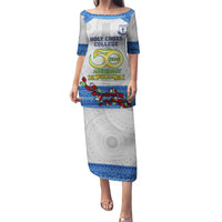 Personalised Fiji Holy Cross College Puletasi Happy 50th Anniversary Fijian Tagimoucia Tapa Pattern LT14 Long Dress White - Polynesian Pride