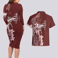 Oxblood Hawaii Couples Matching Long Sleeve Bodycon Dress and Hawaiian Shirt Hammerhead Shark Tattoo Curve Polynesian LT14 - Polynesian Pride