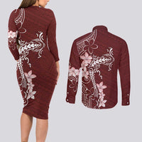 Oxblood Hawaii Couples Matching Long Sleeve Bodycon Dress and Long Sleeve Button Shirt Hammerhead Shark Tattoo Curve Polynesian - Polynesian Pride