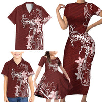 Oxblood Hawaii Family Matching Short Sleeve Bodycon Dress and Hawaiian Shirt Hammerhead Shark Tattoo Curve Polynesian - Polynesian Pride