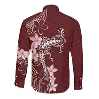 Oxblood Hawaii Long Sleeve Button Shirt Hammerhead Shark Tattoo Curve Polynesian - Polynesian Pride