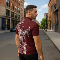 Oxblood Hawaii Zipper Polo Shirt Hammerhead Shark Tattoo Curve Polynesian - Polynesian Pride