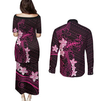 Pink Hawaii Couples Matching Puletasi and Long Sleeve Button Shirt Hammerhead Shark Tattoo Curve Polynesian - Polynesian Pride